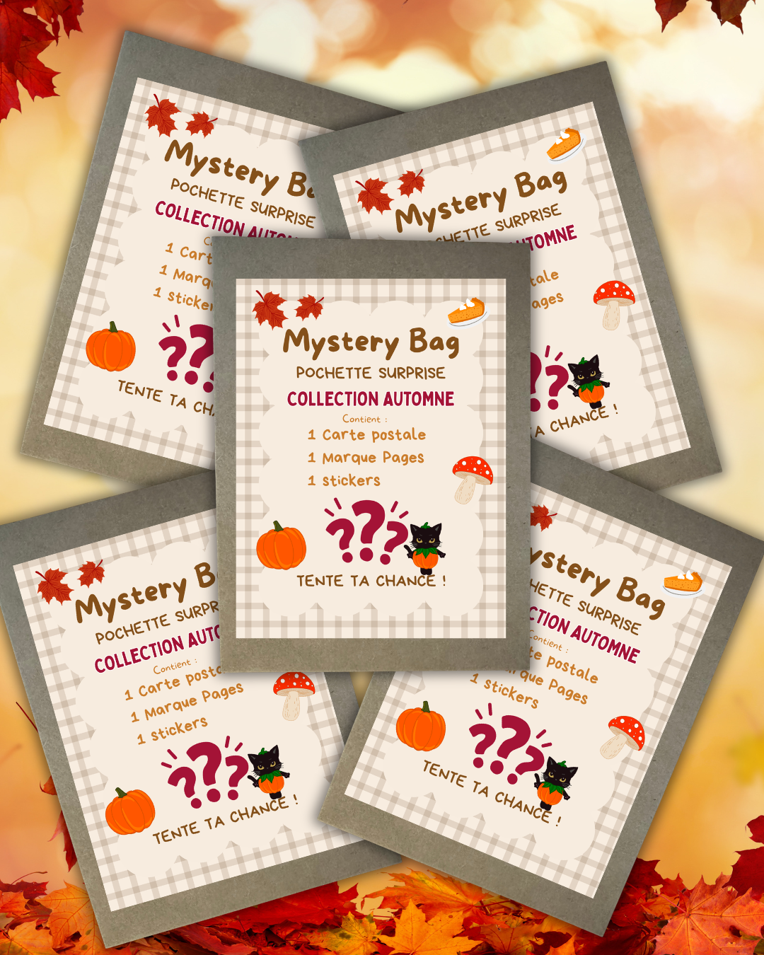 Mystery Bag "Collection Automne" : pochette surprise avec carte postale, marque-page et sticker, motifs citrouille et champignon sur fond vichy beige, feuilles d'automne autour